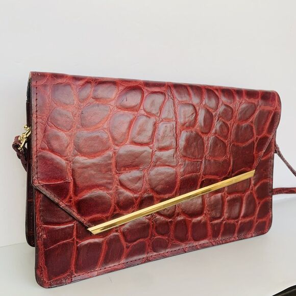 Vintage Leather Embossed Crocodile Alligator Pattern Purse Handbag Red Burgundy - Picture 1 of 14